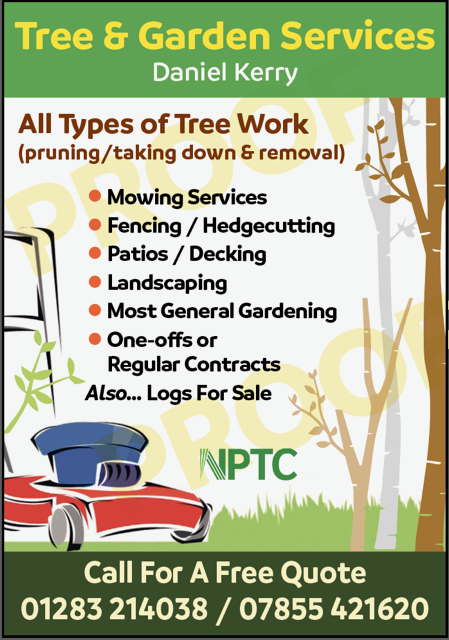 Tree & Garden Services Daniel Kerry flyer listing tree work, mowing, fencing, hedgecutting, patios, landscaping and logs for sale